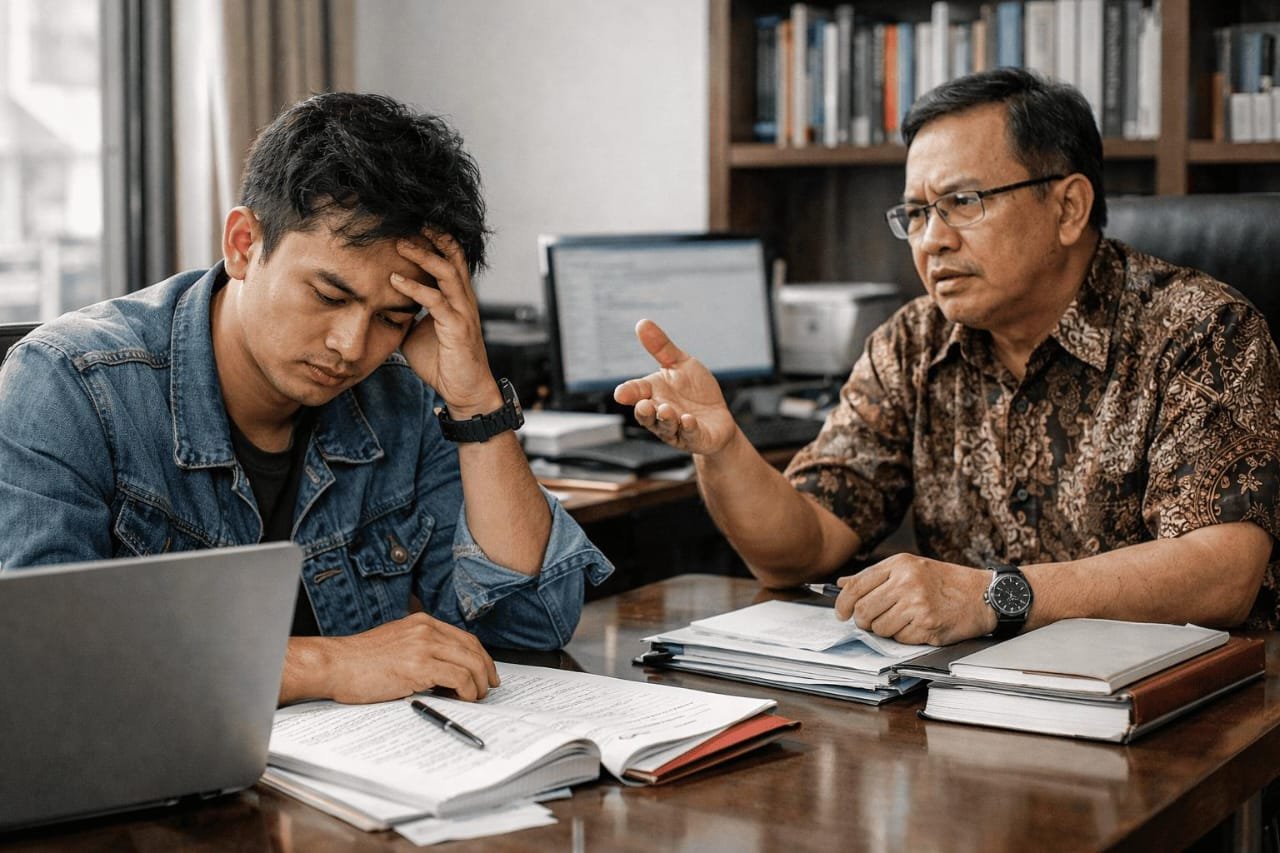 Mahasiswa mengerjakan revisi skripsi dengan banyak catatan dosen