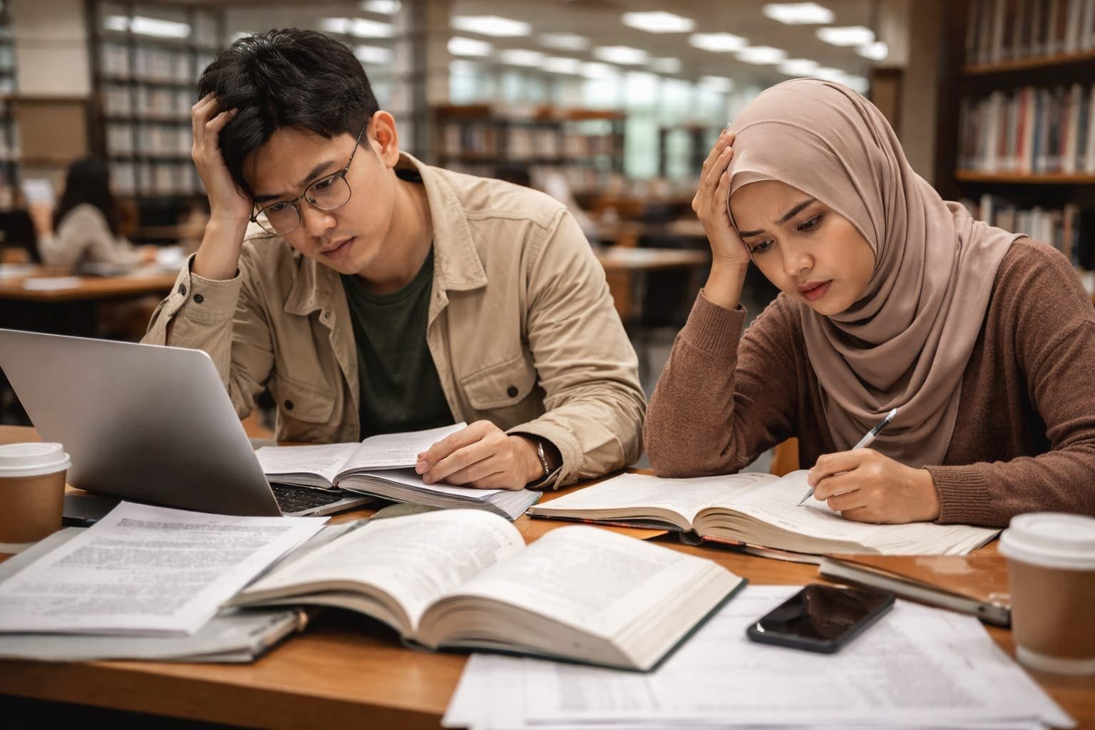 Mahasiswa pascasarjana menyusun tesis di depan laptop