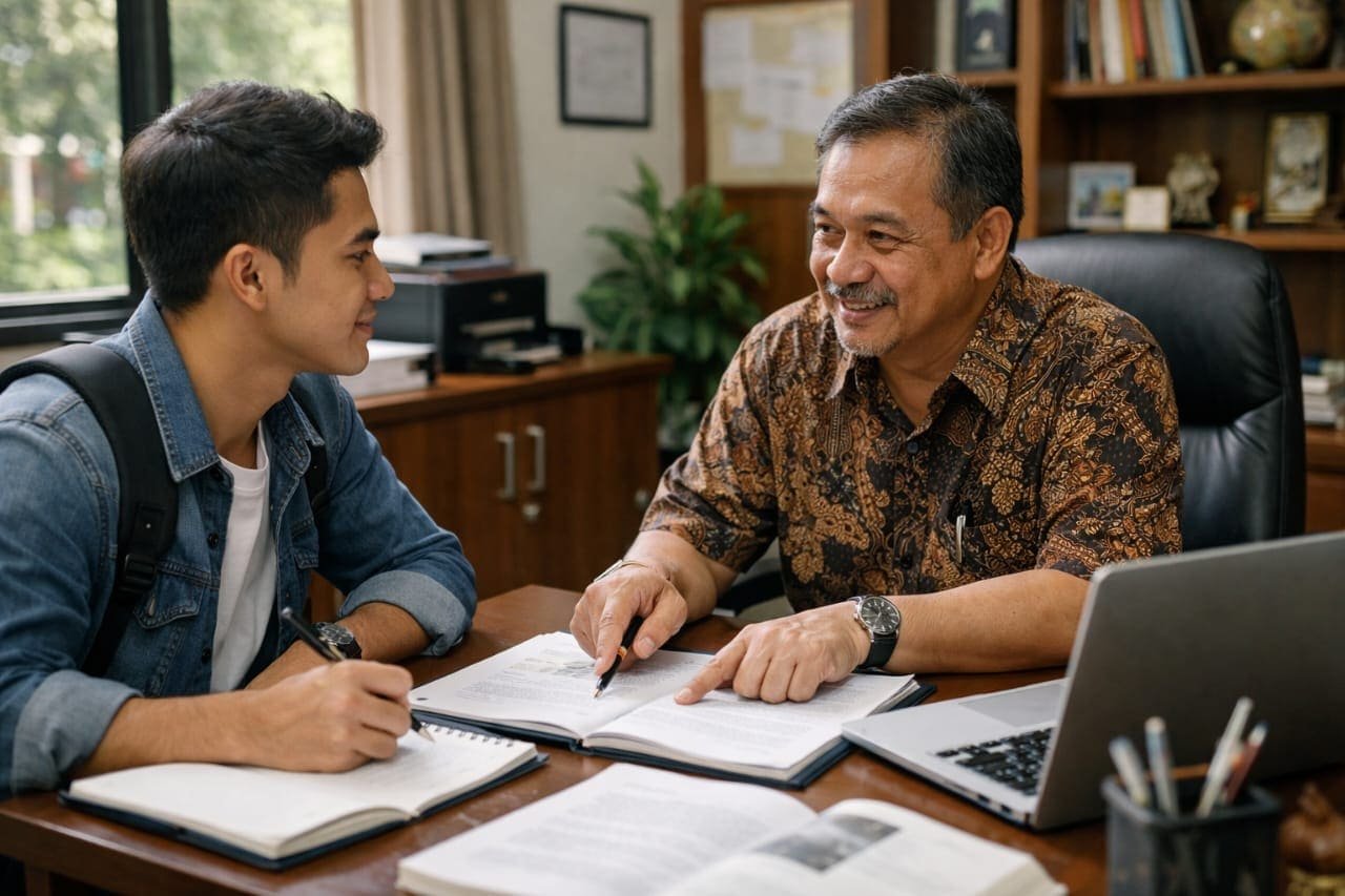 Mahasiswa konsultasi judul skripsi dengan dosen