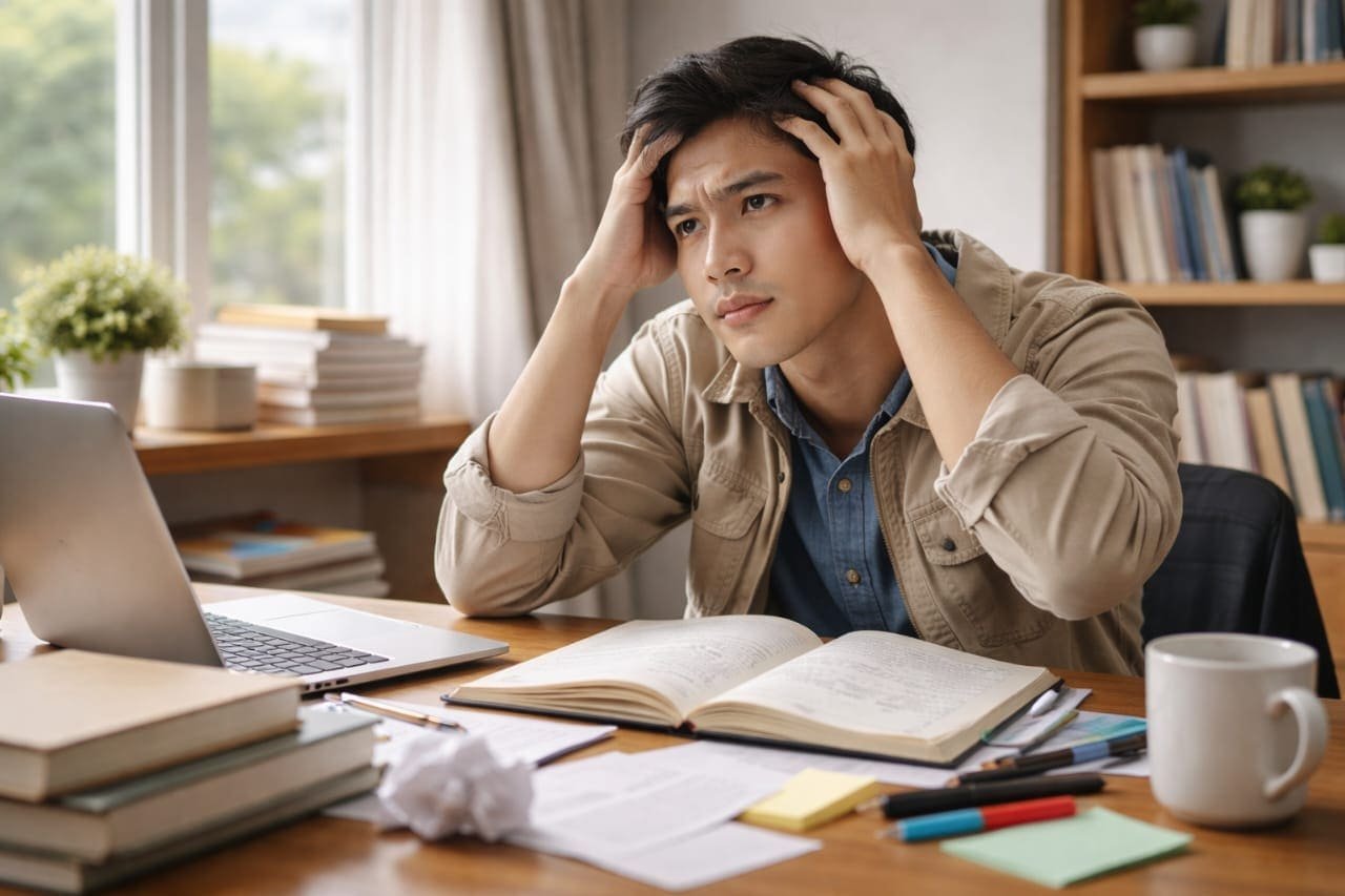 Mahasiswa menulis skripsi di depan laptop