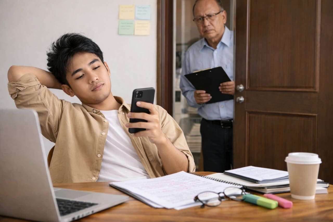 Mahasiswa melakukan bimbingan skripsi dengan dosen