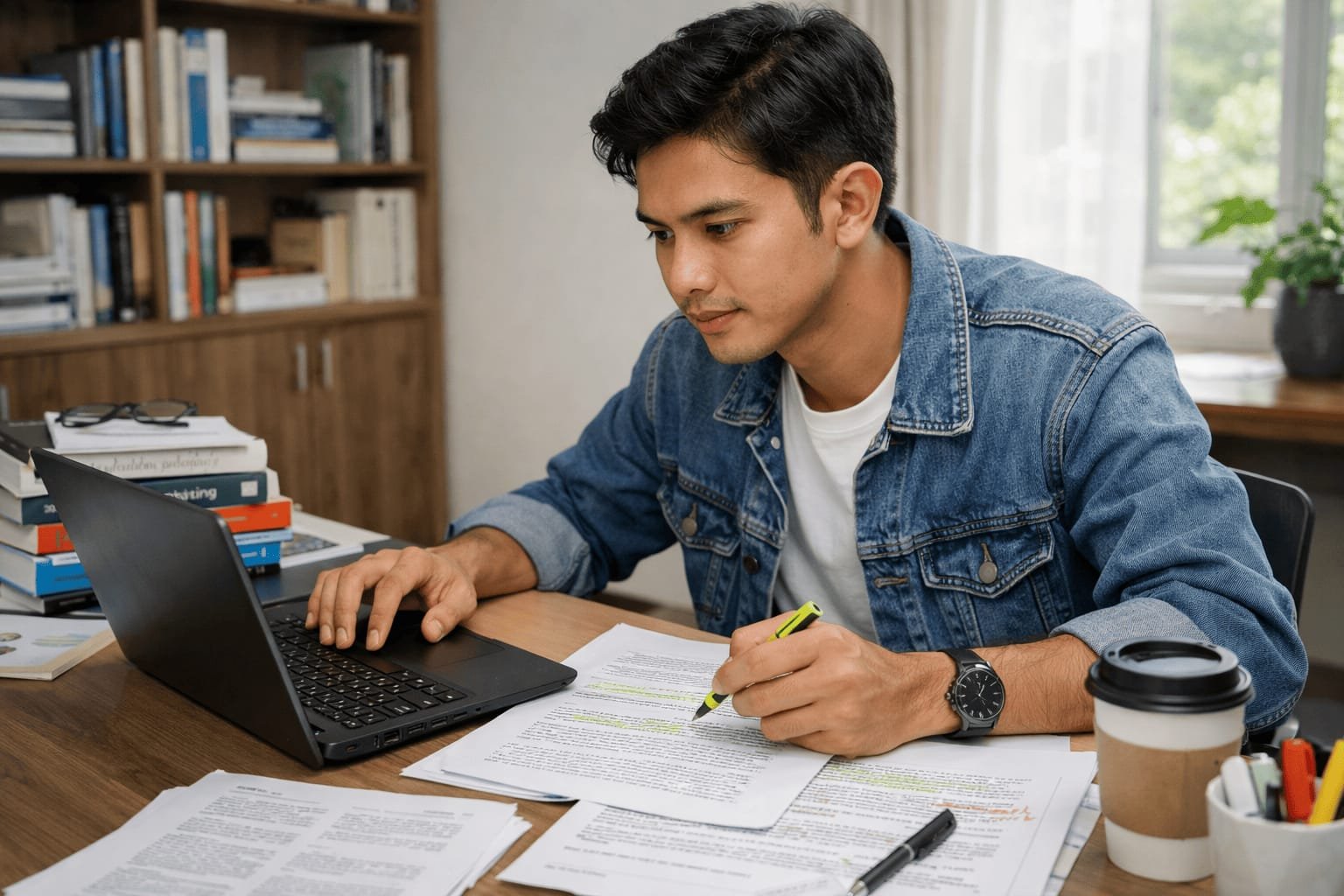 Penulis pemula merevisi artikel jurnal ilmiah di depan laptop