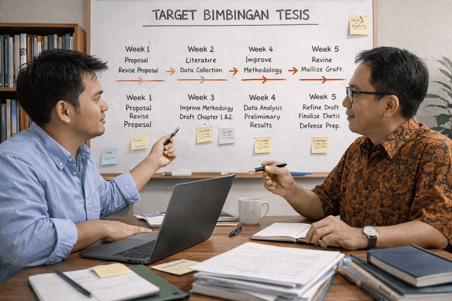 Mahasiswa mempersiapkan bimbingan tesis dengan dosen pembimbing