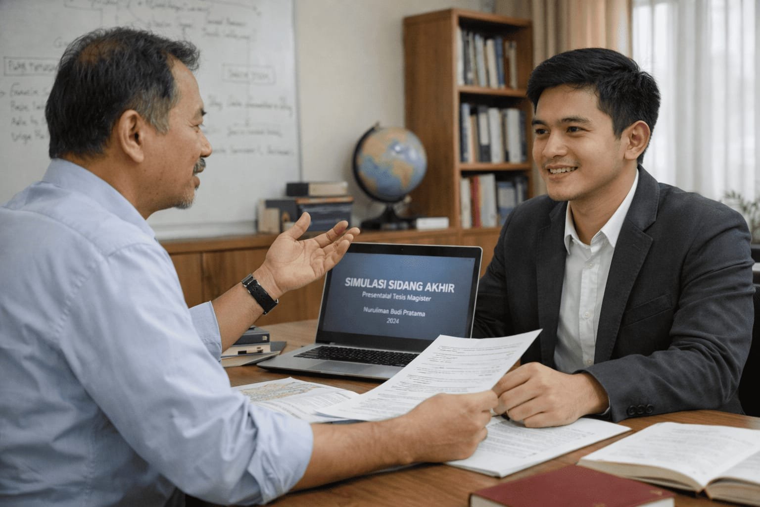 Mahasiswa S2 melakukan bimbingan tesis dengan dosen pembimbing