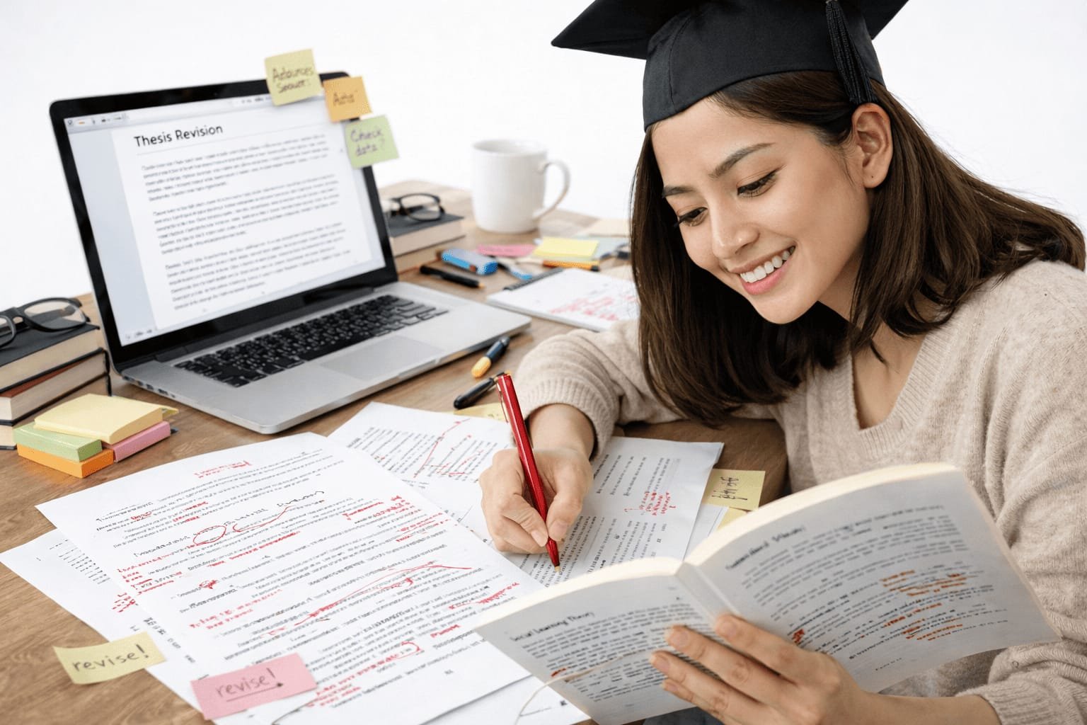 Mahasiswa S2 merevisi metodologi tesis di depan laptop